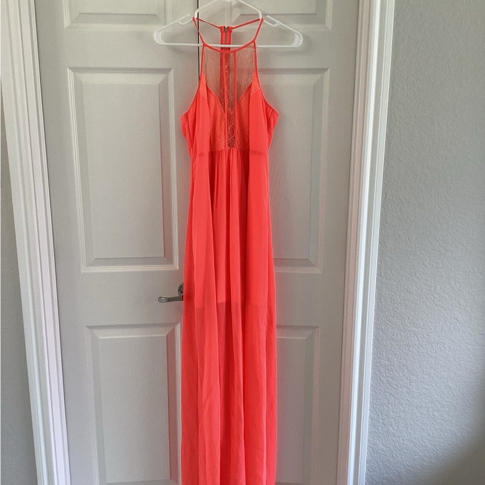 GB girls Coral Halter Maxi Dress with Lace Details